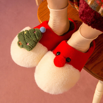 Winter Plush Christmas Slippers – Cozy Santa & Tree Indoor Footwear