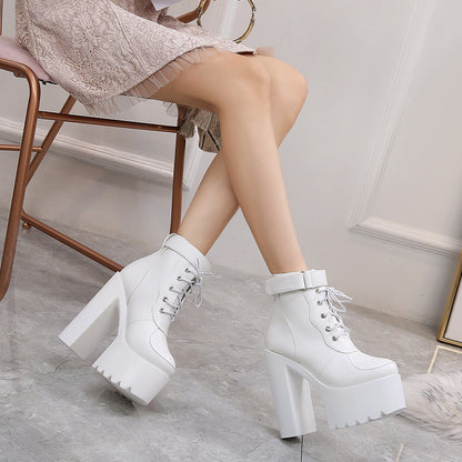 Trendy High Heel Cross Laced Up Mid Calf Boots