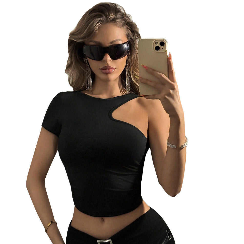 Street Design Sense Slim-Fit Crop Top – Black Summer Streetwear Outfit for Women