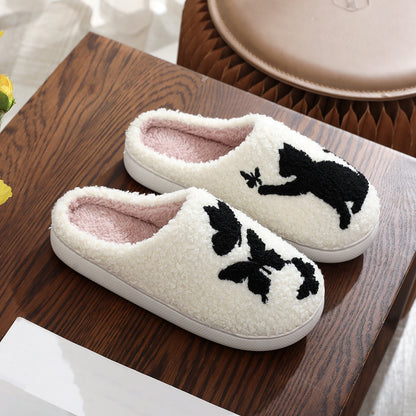 Unisex Winter Cotton Slippers – Embroidered Butterfly Cat Cozy Indoor Shoes