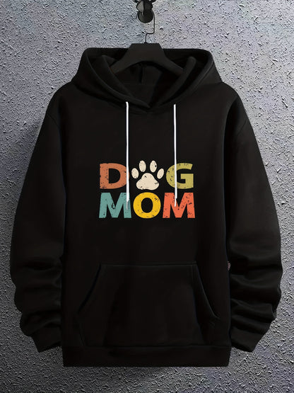 Men’s “DOG MOM” Letter Print Hoodie – Street Style Pullover with Kangaroo Pocket