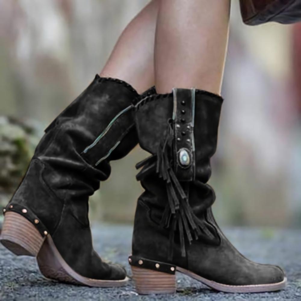 Tassel-Accented Mid Calf Boots for Women | Stylish PU Leather Mid Cylinder Boots