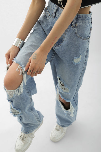 Light Blue Knee Ripped Full Length Women Jeans