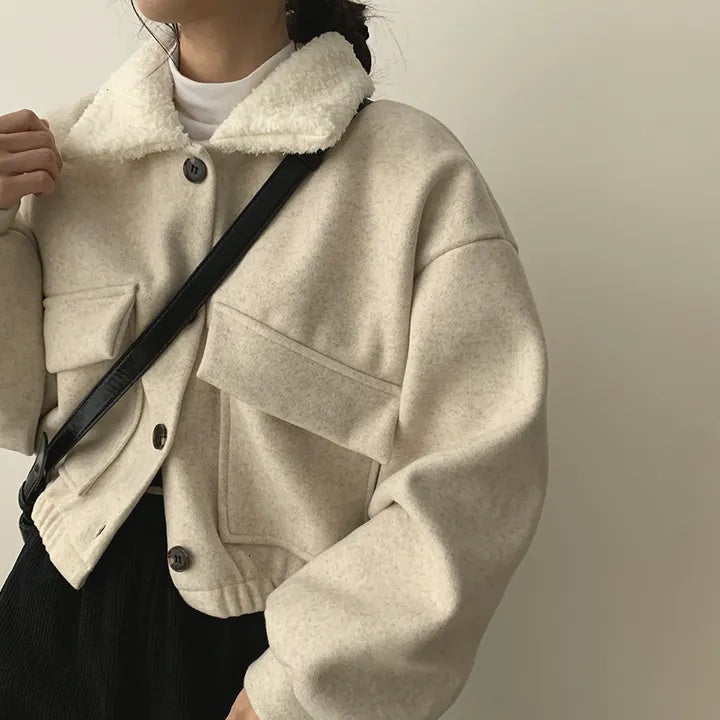 Two Sweet Pockets Pink Turndown Collar Jacket For Women