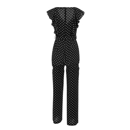 Polka Dot Ruffle Full-Length Jumpsuit for Women – Elegant High Street Summer Outfit