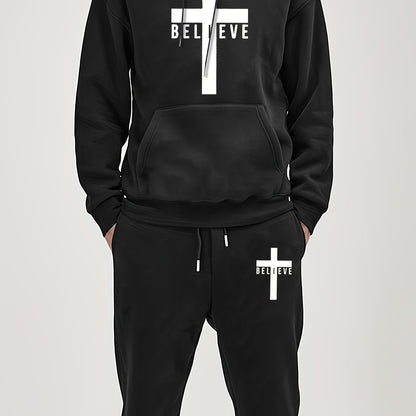 Men’s BELIEVE Cross Print Hoodie & Sweatpants Set – Casual 2-Piece Tracksuit for Fall/Winter Streetwear