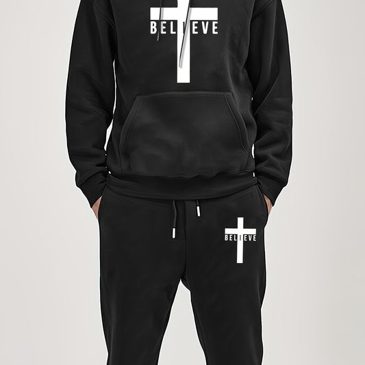 Men’s BELIEVE Cross Print Hoodie & Sweatpants Set – Casual 2-Piece Tracksuit for Fall/Winter Streetwear