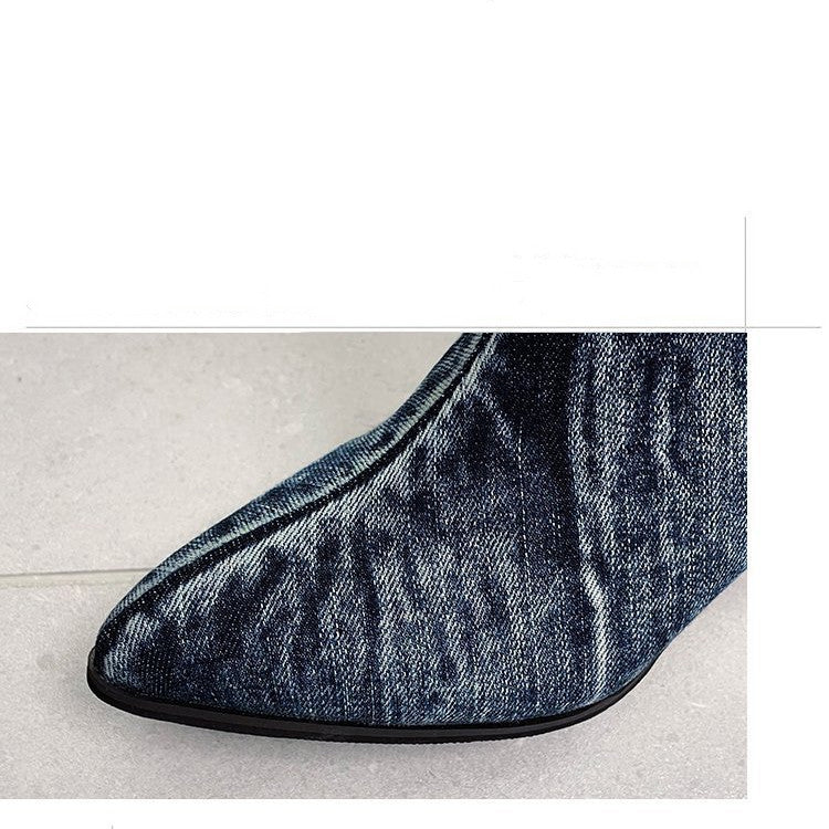 New High Heel Denim Women Knee High Boots