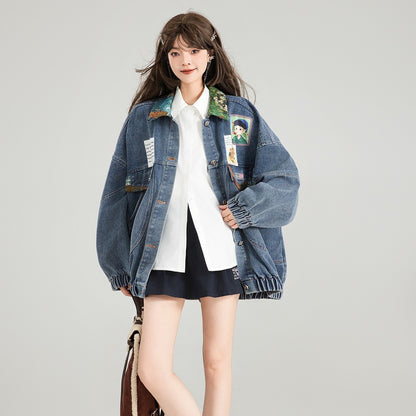 Artistic Denim Jacket for Women – Casual Streetwear Coats & Jackets in Blue Green Denim 2025