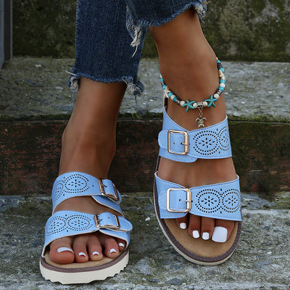 Big Buckle Pu Leather Flat Women Slippers