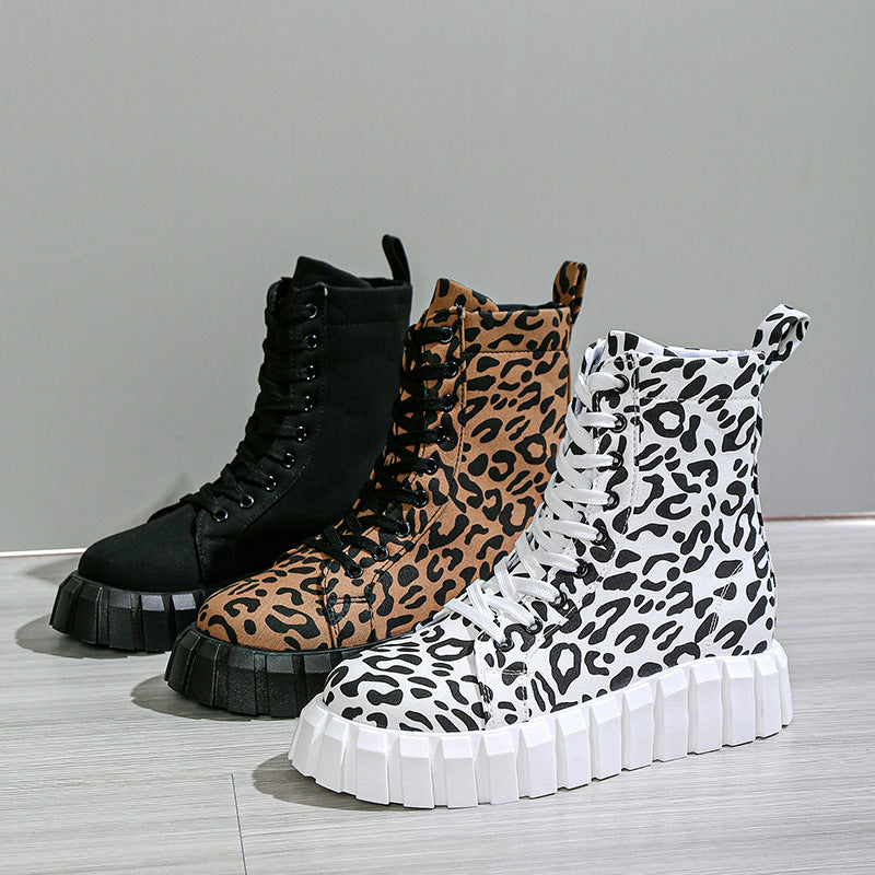 Leopard Print Platform Martin Boots for Women | Suede Mid-Heel Street Style Boots
