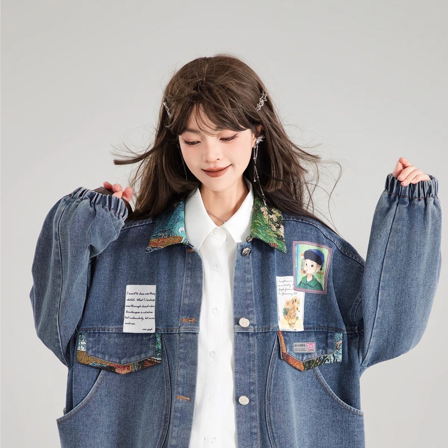 Artistic Denim Jacket for Women – Casual Streetwear Coats & Jackets in Blue Green Denim 2025