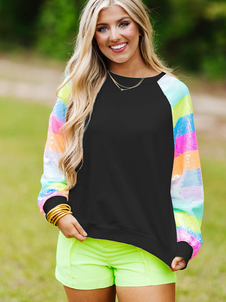 Women’s Casual Pullover Top – Round Neck, Long Sleeves with Sequins, Japanese & Korean Style