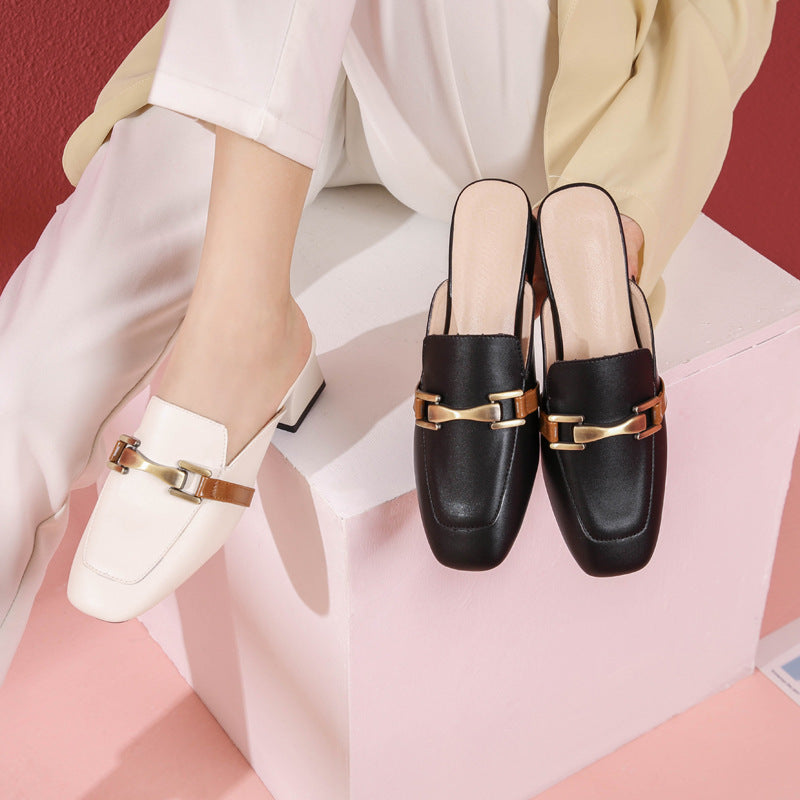 Square Toe Thick Heel Comfortable Slippers For Women
