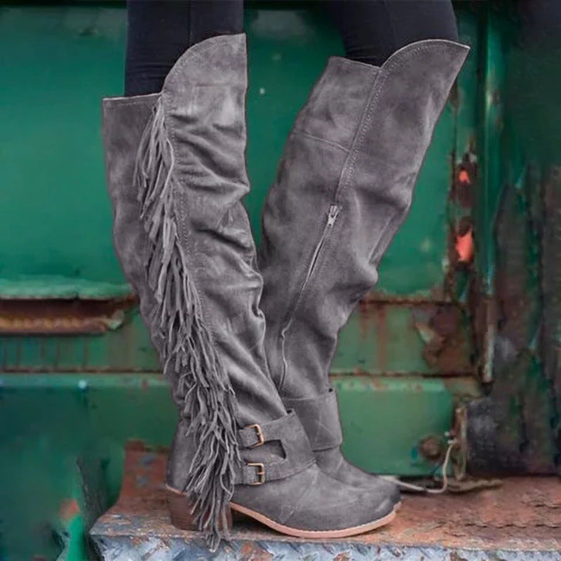 Plus-Size Long Tube Tassel Boots for Women | European & American Chic Winter Boots