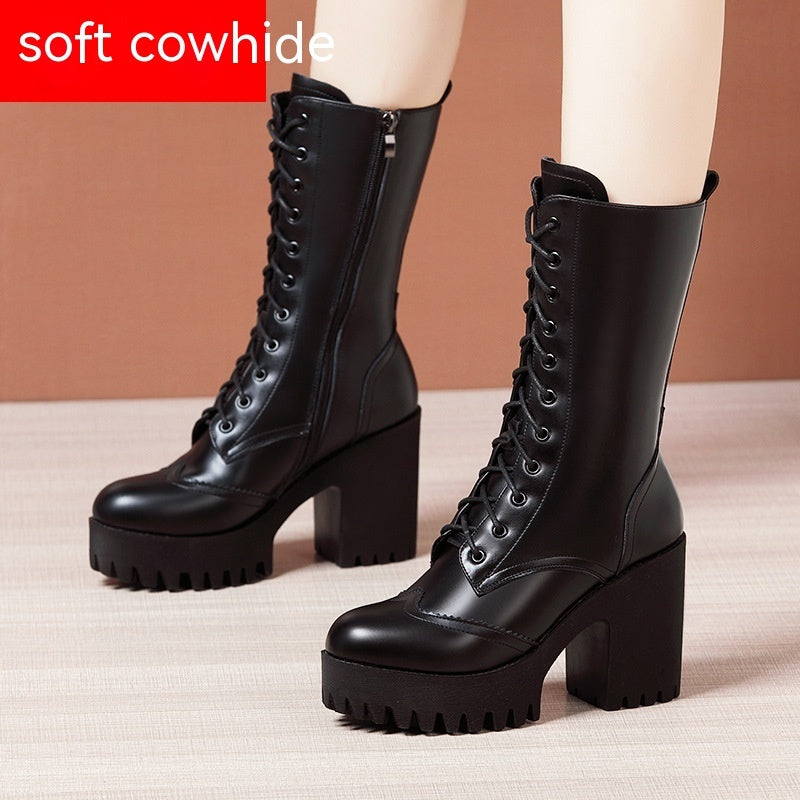 Womens Winter Mid Calf Boots Round Toe Zip Platform Lace Up Warm Boots For Women Comfortable Female Shoes