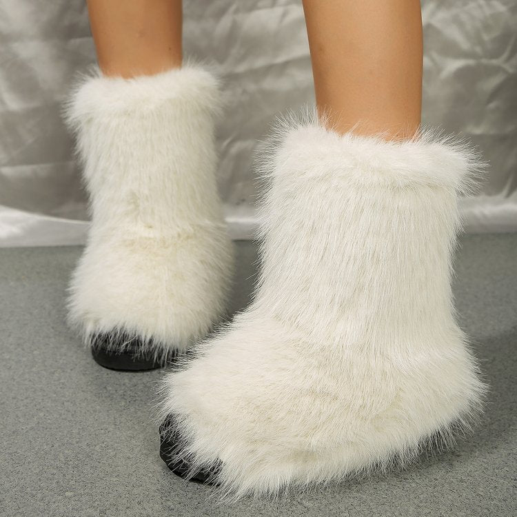 Mid-Tube Furry Cotton Snow Boots for Women | Warm PU Winter Boots Outfit