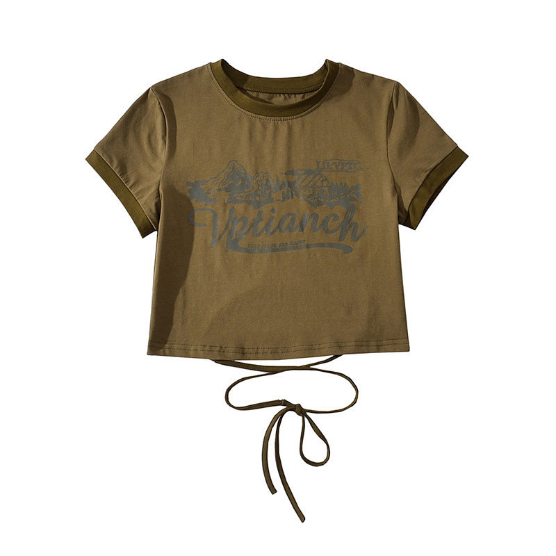 Women’s Print Front Contrast Trim Crop Tee – Y2K Streetwear Lace-Up Back Top