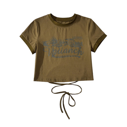 Women’s Print Front Contrast Trim Crop Tee – Y2K Streetwear Lace-Up Back Top