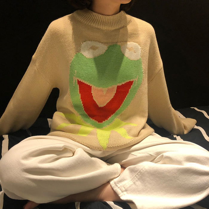 Oversized Frog Knit Crew Neck Sweater for Women – Cute Anime Pullover Aesthetic