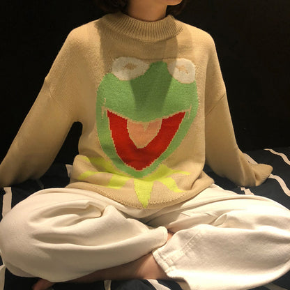 Oversized Frog Knit Crew Neck Sweater for Women – Cute Anime Pullover Aesthetic