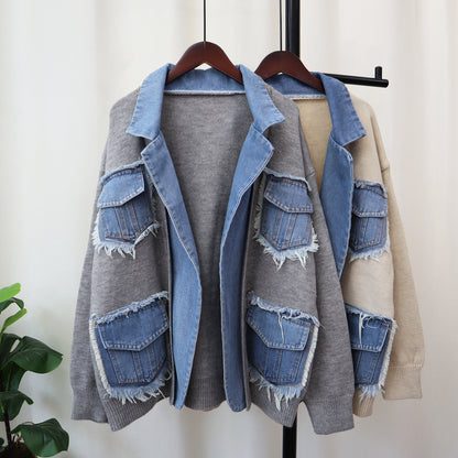 Urban Cool: Denim Stitching Knit Cardigan for Women