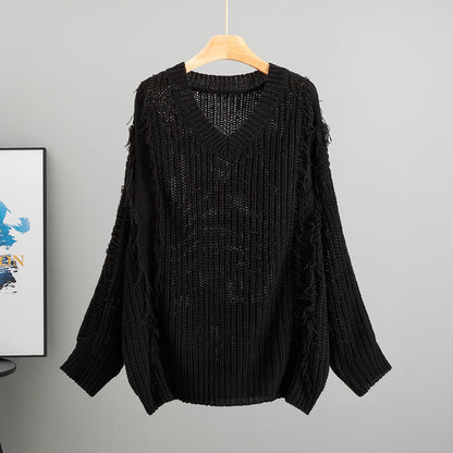 Loose V-neck Tassel Female Idle Style Long Sleeve Pullover Top