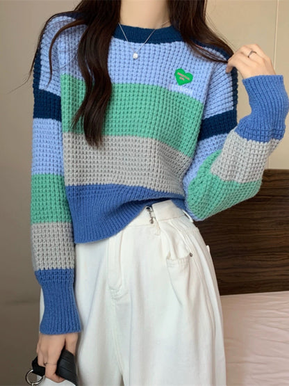 Bold Rainbow Stripe Color Block Knit Pullover Sweater