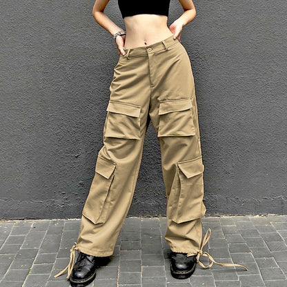 High Waist Cargo Pants Solid Color With Pocket And Button Details