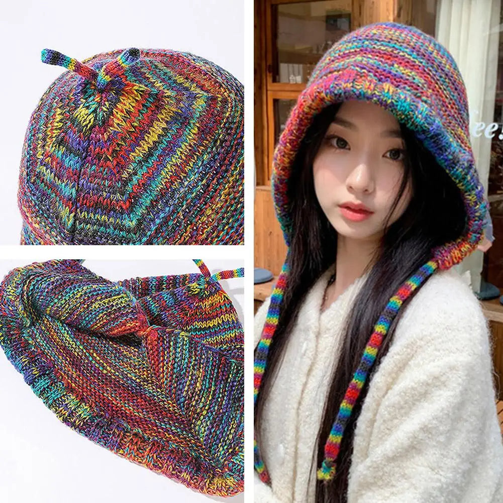 Women's Thick Knit Winter Hat – Cozy Stylish Rainbow Lace-Up Dome Cap, Windproof & Foldable