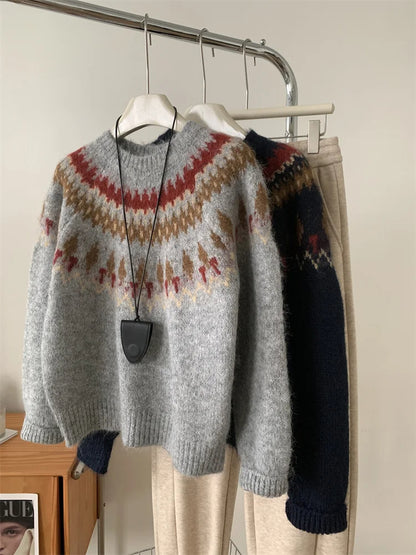 Contrasting Jacquard Wool Knit Sweater – Thick & Warm Autumn/Winter Pullover for Women, Loose Casual Fit