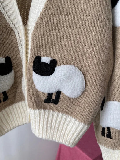 Chunky Sheep Crochet Cardigan – V-Neck Autumn Sweater