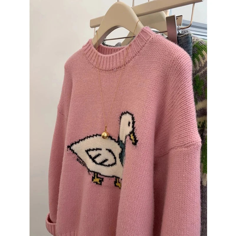 Cute Cartoon Embroidered Sweater – Trendy Pink Knit Pullover, Casual Loose Fit Long Sleeve Jumper for Women