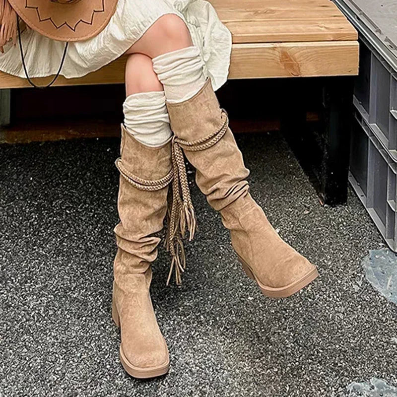 Tassel Rope Design High Heeled Long Snow Boots