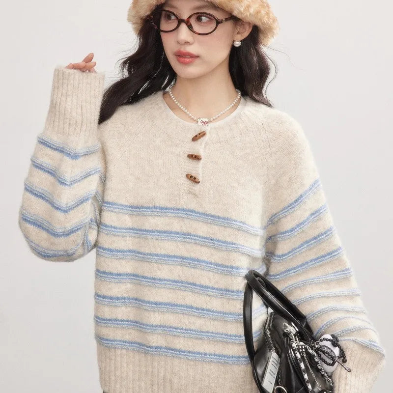 Women’s Striped Knit Pullover – Classic O-Neck Autumn Sweater
