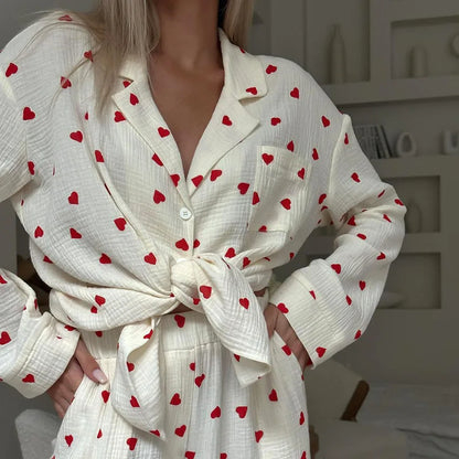 Women's Cotton Pajama Set – Summer Heart Print 2-Piece Sleepwear, Long Sleeve Button-Down Lapel Nightwear