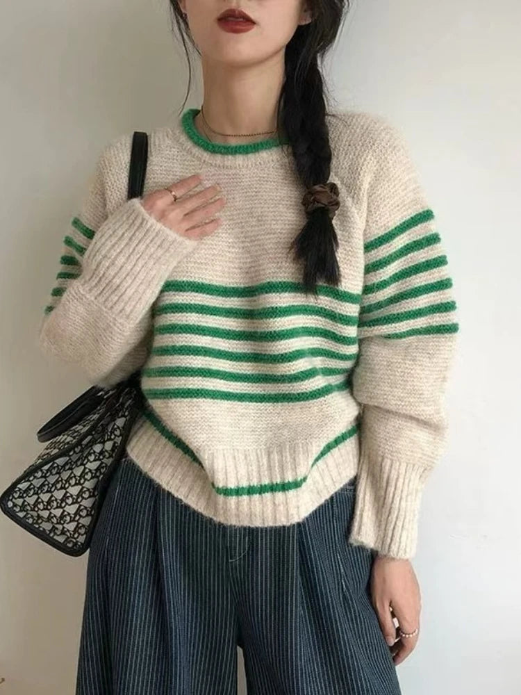 Women’s Retro Striped Knit Pullover – Casual Korean O-Neck Sweater