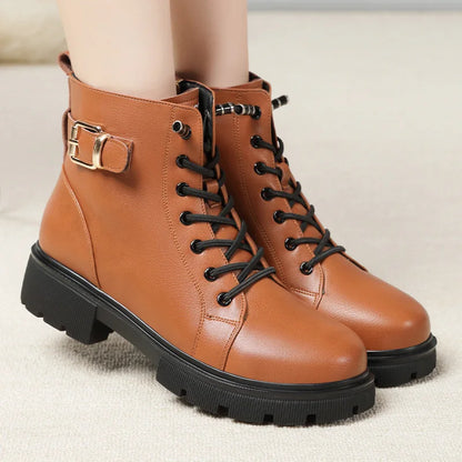 Women's Leather Platform Combat Ankle Boots – Chunky Lace-Up Punk Style Footwear for Autumn/Winter 2025