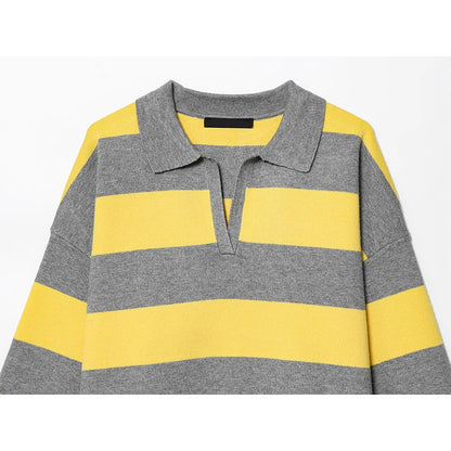 2026 Striped Knit Polo Sweater – Women’s Loose Pullover