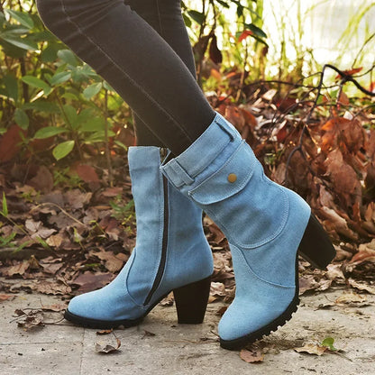 Women's Pointed-Toe Denim-Style High-Heeled Cowboy Boots – Autumn/Winter Casual Chic Footwear