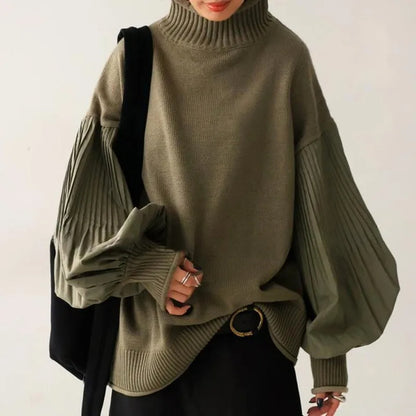 Lantern Sleeve Autumn Knitted Pullover Sweater for Women – Patchwork Turtleneck Pleated Lazy Oaf Loose Top Jacket