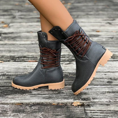 Women's Rivet Lace-Up Retro Mid-Calf Boots – 2025 Winter Knight Style Designer Shoes