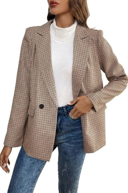 Vintage Plaid Double-Breasted Blazer – Women’s Autumn Jacket