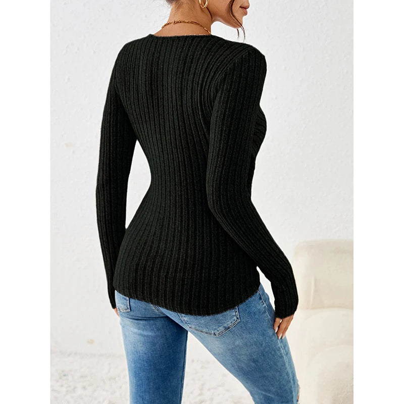 2025 New Button V-Neck Knitted Sweater for Women – Soft & Warm Autumn/Winter Pullover, Basic Fit Sweater Top