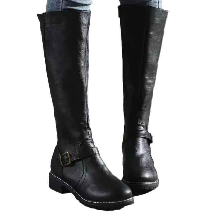 Women’s Over-the-Knee Riding Boots – PU Leather with Buckle Detail & Chunky Square Heel
