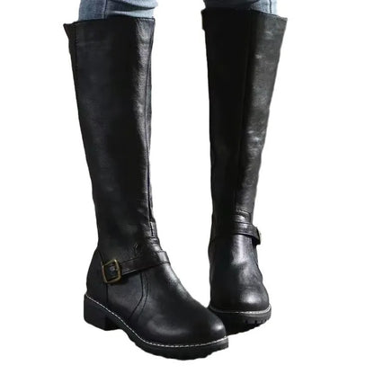 Women’s Over-the-Knee Riding Boots – PU Leather with Buckle Detail & Chunky Square Heel