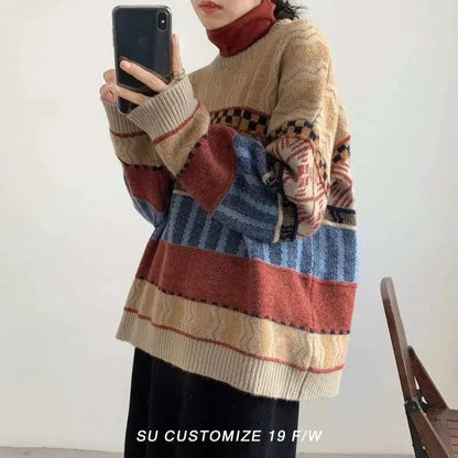 Vintage Turtleneck Sweater – Loose Geometric Pullover for Women 2026