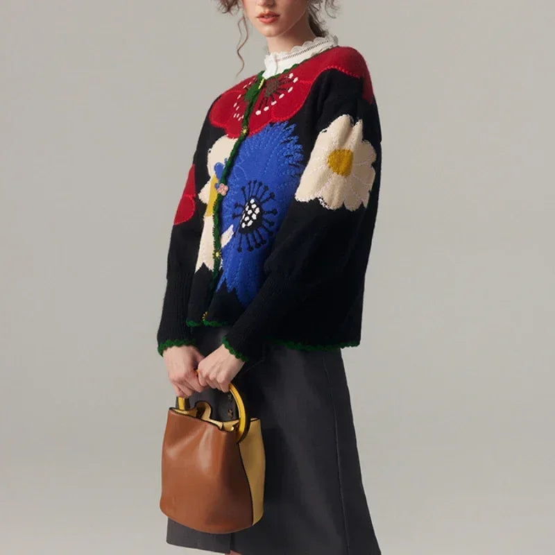 Vintage Floral Knit Cardigan – O-Neck Acrylic Sweater