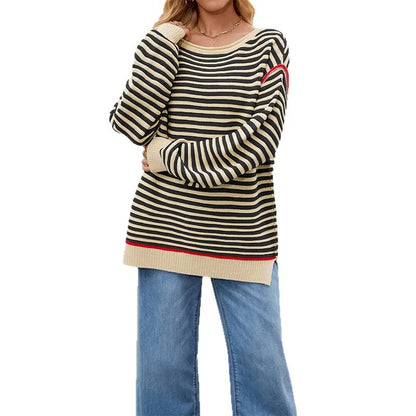 Women’s Striped Knit Pullover – Autumn Winter Round Neck Sweater