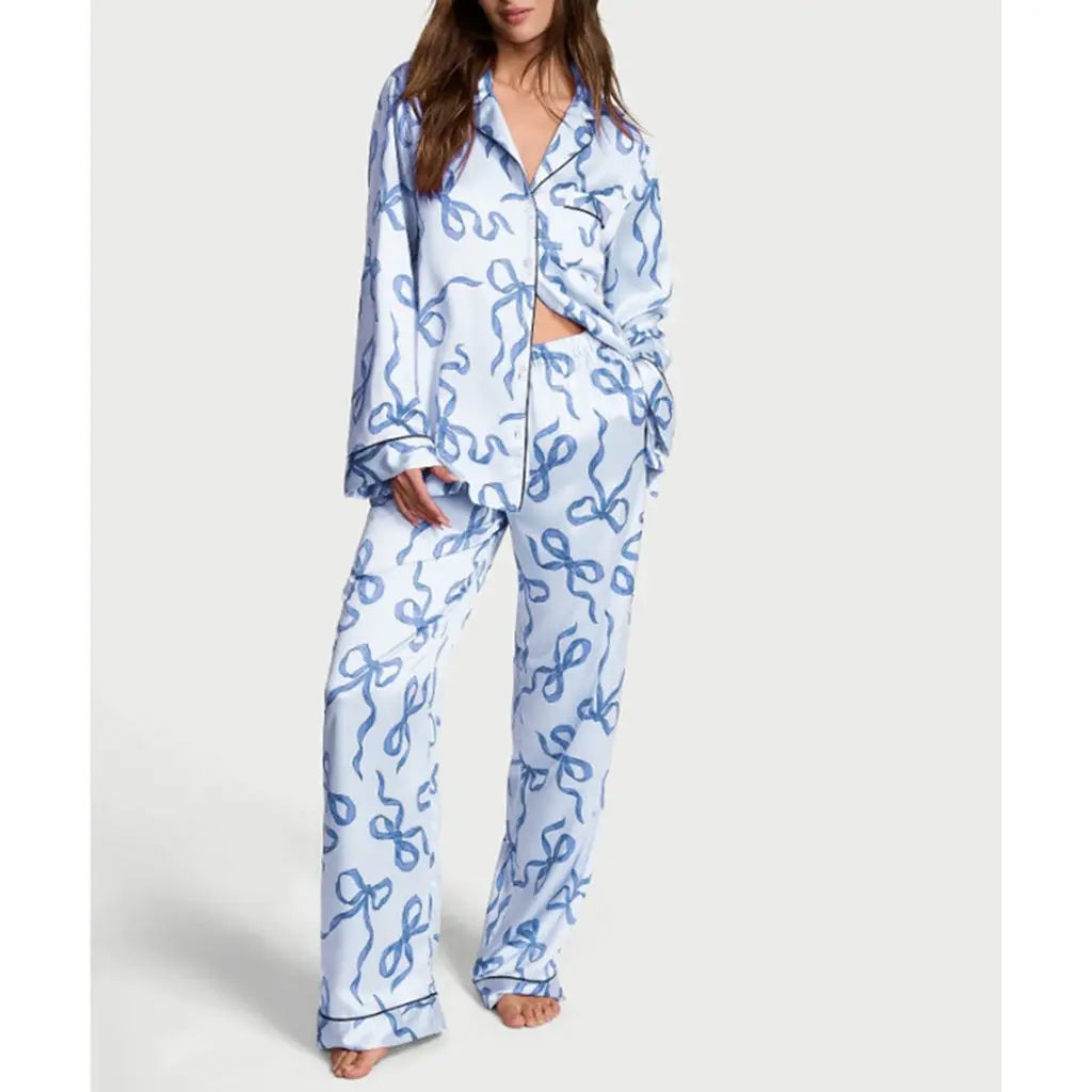 Women's Satin Pajama Set – 2-Piece Star Print Loungewear with Lapel Shirt & Elastic Waist Pants